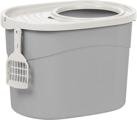 Show full view: IRIS Large Round Top Entry Cat Litter Box & Scoop, Gray/White slide 2 of 7