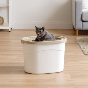 IRIS Large Round Top Entry Cat Litter Box & Scoop, White/Beige