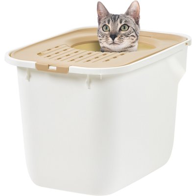 IRIS IRIS Large Square Top Entry Cat Litter Box, White/Beige