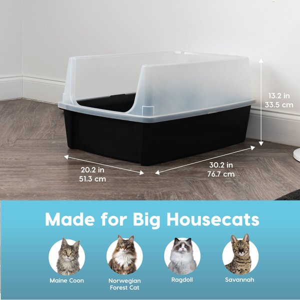 IRIS USA Open Top Cat Litter Box with Scatter Shield, Black, X-Large