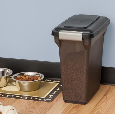 Show full view: IRIS WeatherPro Airtight Attachable Wheels Dog, Cat & Bird Food Storage Container, Smoke/Black, 12.5-lb/15-qt slide 9 of 12