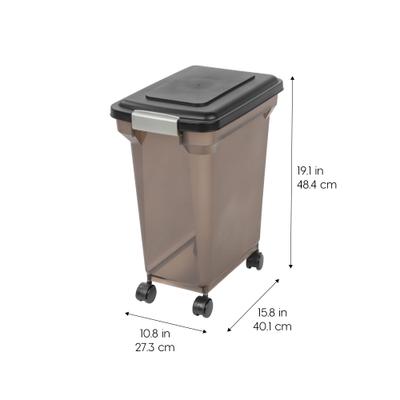 Show full view: IRIS WeatherPro Airtight Attachable Wheels Dog, Cat & Bird Food Storage Container, Smoke/Black, 22-lb/28-qt slide 3 of 11