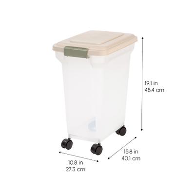 Show full view: IRIS WeatherPro Airtight Attachable Wheels Dog, Cat & Bird Food Storage Container, Clear/Almond, 22-lbs/28-qt slide 4 of 12