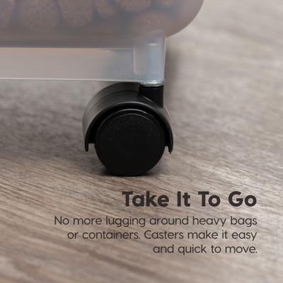 Show full view: IRIS WeatherPro Airtight Attachable Wheels Dog, Cat & Bird Food Storage Container, Clear/Almond, 22-lbs/28-qt slide 9 of 12