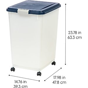 IRIS WeatherPro Airtight Dog, Cat, Bird & Small Pet Food Storage Container with Casters, Clear & Navy, 50-lb