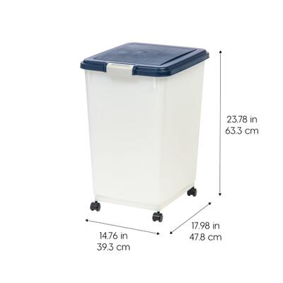 Show full view: IRIS WeatherPro Airtight Attachable Wheels Dog, Cat & Bird Food Storage Container, Clear & Navy, 50-lb slide 2 of 10