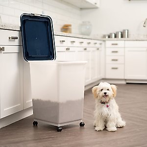 IRIS WeatherPro Airtight Dog, Cat, Bird & Small Pet Food Storage Container with Casters, Clear & Navy, 50-lb