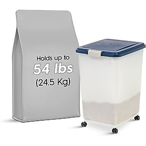 IRIS WeatherPro Airtight Dog, Cat, Bird & Small Pet Food Storage Container with Casters, Clear & Navy, 50-lb