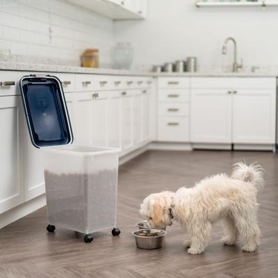 Show full view: IRIS WeatherPro Airtight Attachable Wheels Dog, Cat & Bird Food Storage Container, Pearl & Navy, 25-lb slide 4 of 11