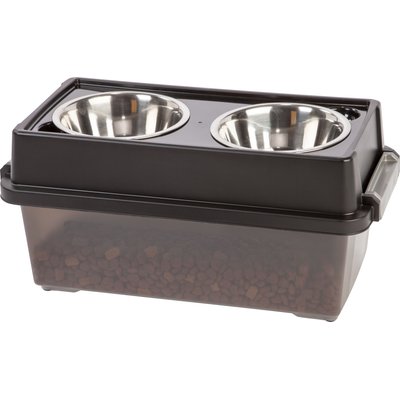 IRIS IRIS WeatherPro Airtight Elevated Pet Feeder with Food Storage Container & Bowls in Lid, Smoke/Black, 4-cup