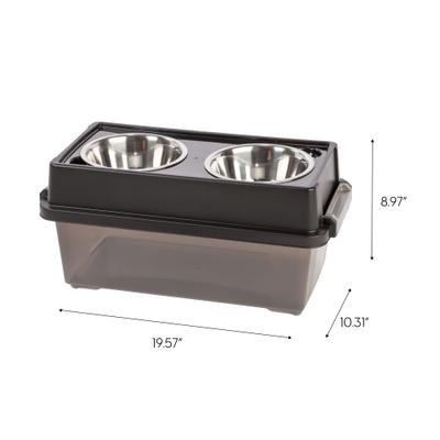 Show full view: IRIS WeatherPro Airtight Elevated Pet Feeder with Food Storage Container & Bowls in Lid, Smoke/Black, 4-cup slide 7 of 12