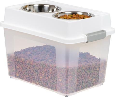 Show full view: IRIS WeatherPro Airtight Elevated Pet Feeder with Food Storage Container & Bowls in Lid, White, 8-cup, 1 slide 3 of 13