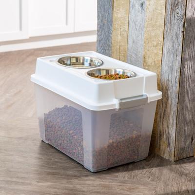 Show full view: IRIS WeatherPro Airtight Elevated Pet Feeder with Food Storage Container & Bowls in Lid, White, 8-cup, 1 slide 4 of 13