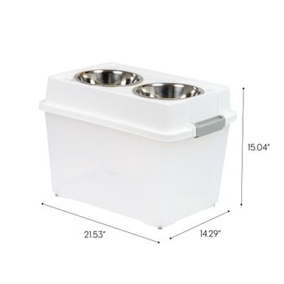 Show full view: IRIS WeatherPro Airtight Elevated Pet Feeder with Food Storage Container & Bowls in Lid, White, 8-cup, 1 slide 6 of 13
