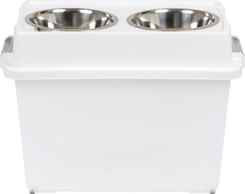 Show full view: IRIS WeatherPro Airtight Elevated Pet Feeder with Food Storage Container & Bowls in Lid, White, 8-cup, 1 slide 10 of 13