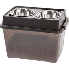 IRIS WeatherPro Airtight Elevated Pet Feeder with Food Storage Container & Bowls in Lid, Smoke/Black, 8-cup