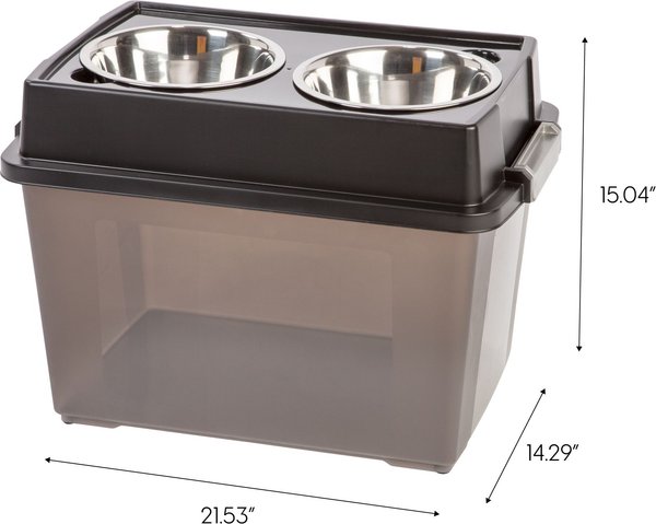 IRIS WeatherPro Airtight Elevated Pet Feeder with Food Storage Container & Bowls in Lid, Smoke\/Black, 8-cup