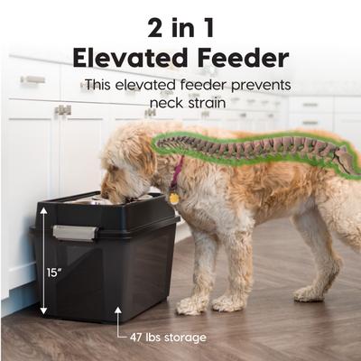 Show full view: IRIS WeatherPro Airtight Elevated Pet Feeder with Food Storage Container & Bowls in Lid, Smoke/Black, 8-cup slide 3 of 10