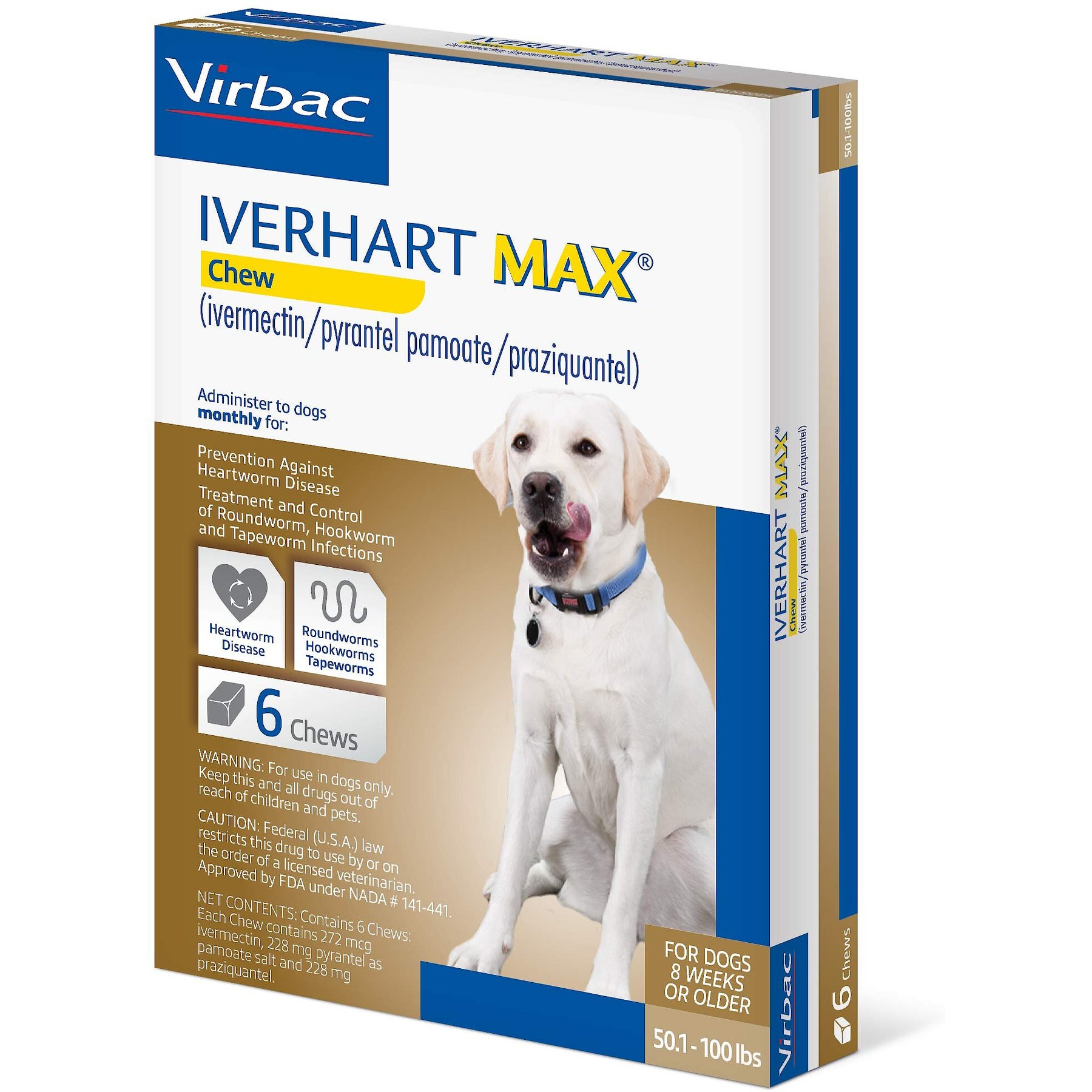 50.1-100 lbs, Iverhart Max Soft Chew, 6 treatment, 272 mcg Ivermectin, 228 mg Pyrantel Pamoate and 228 mg Praziquantel