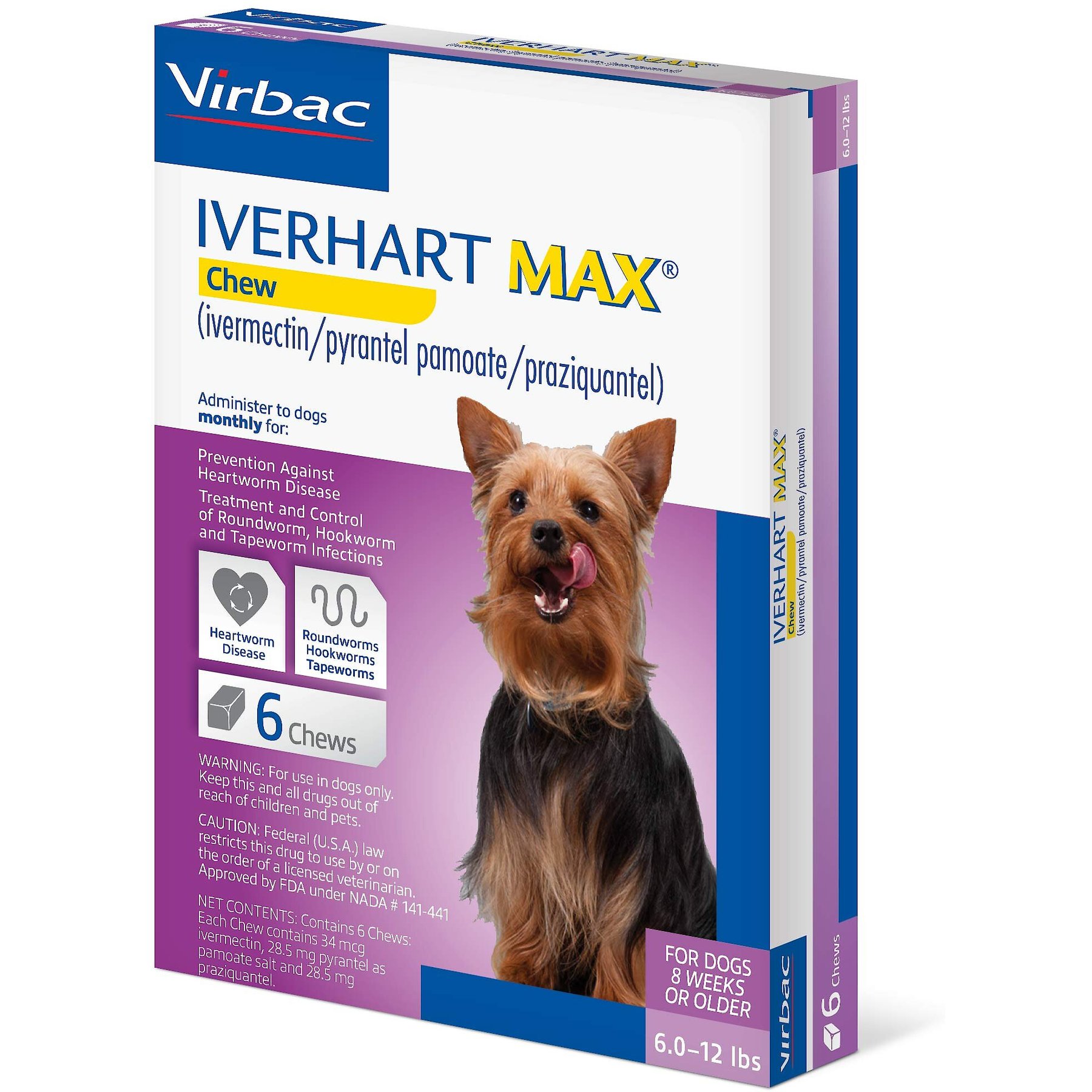 6-12 lbs, Iverhart Max Soft Chew, 6 treatments, 34 mcg Ivermectin, 28.5 mg Pyrantel Pamoate and 28.5 mg Praziquantel