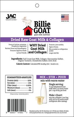 Show full view: JAC Pet Nutrition Adult Goat Milk & Collagen with Green Lip Mussels, Glucosimine, Chondroitin, Turmeric for Mobility Hip & Joint-Support Powdered Dog Food Topper, 3.2-oz bag slide 3 of 4