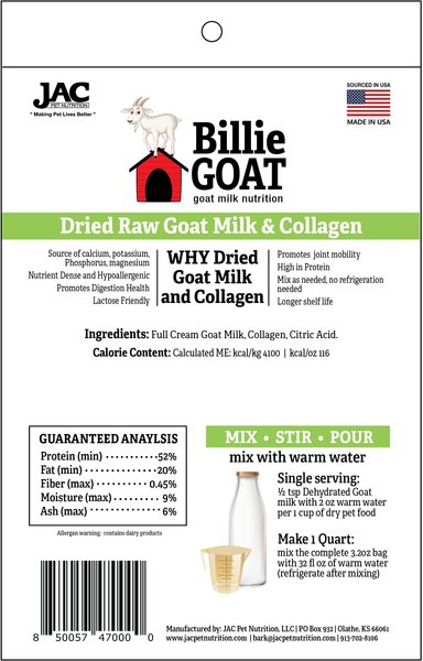JAC Pet Nutrition Adult Plain Goat Milk & Collagen Digestive-Health Powdered Dog Food Topper, 3.2-oz bag
