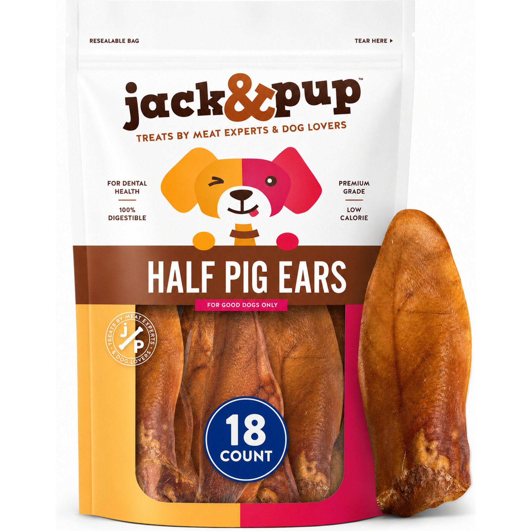 Jack & Pup Half Pig Ear Dog Treats, 18 count