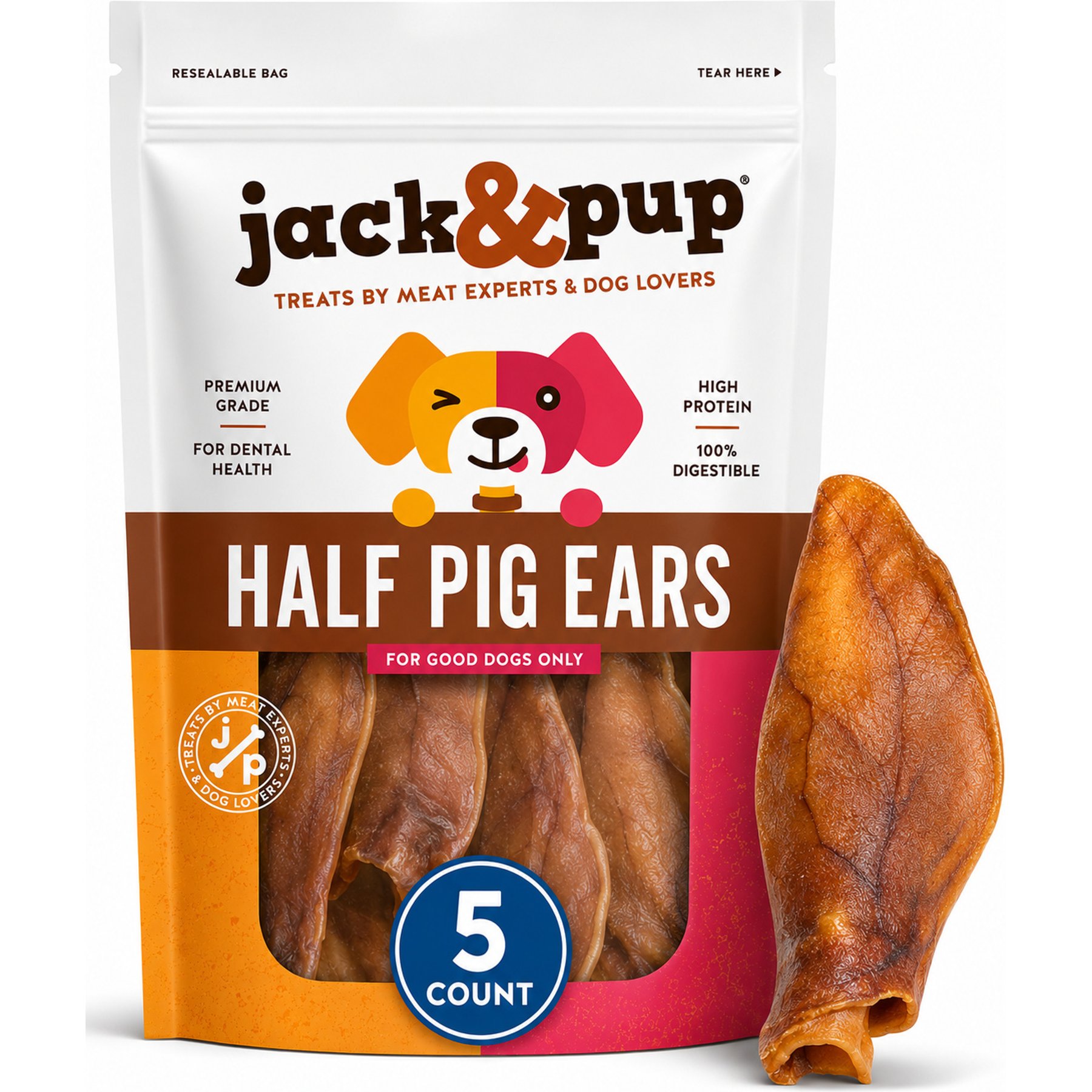Jack & Pup Half Pig Ear Dog Treats, 5 count