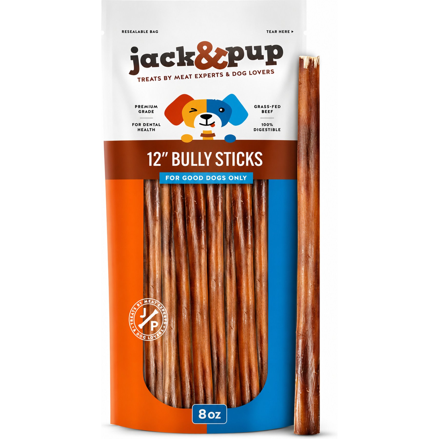 Jack & Pup Odor Free 12-inch Beef Bully Stick Dog Chews, 8-oz bag, package count varies