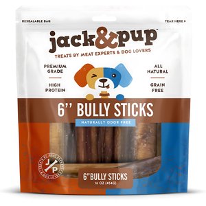 Jack & Pup Odor Free 6" Natural Beef Bully Stick, 1-lb bag