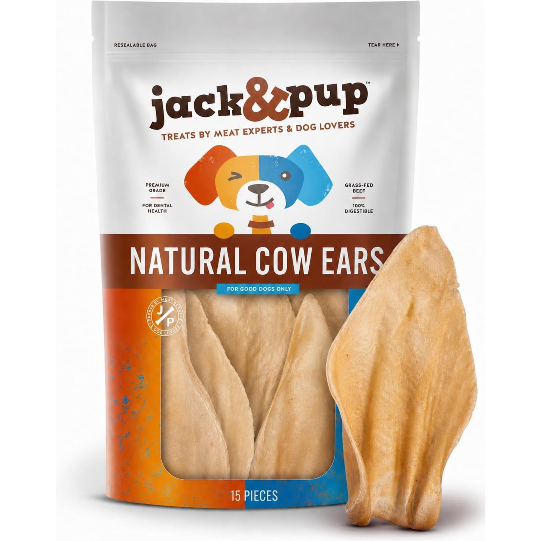 Jack & Pup Premium Cow Ear Dog Treats, 15 count