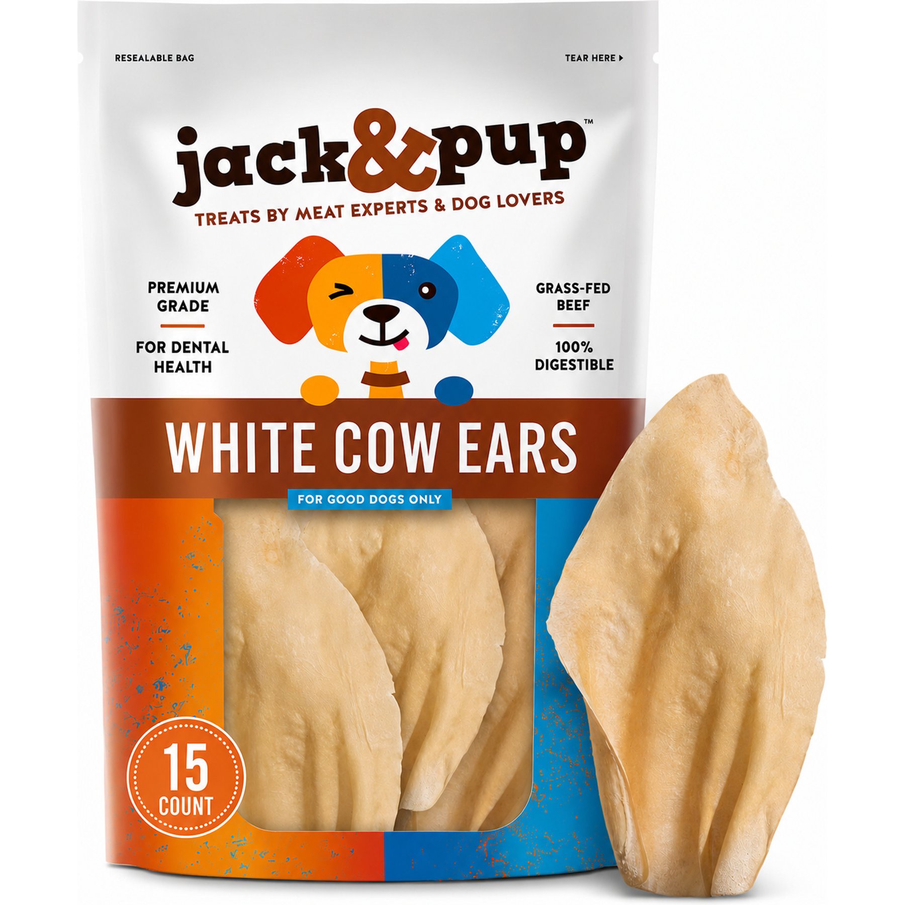 Jack & Pup White Cow Ears Dog Treats, 15 count