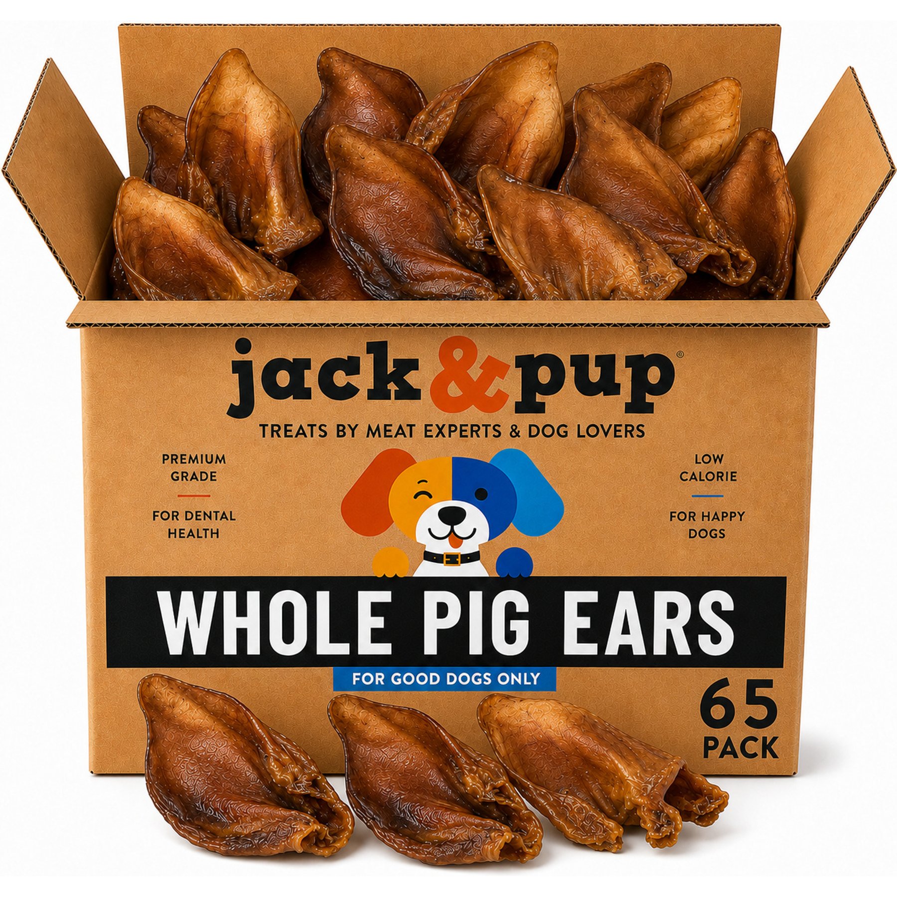 Jack & Pup Whole Pig Ear Dog Chews, 65 count