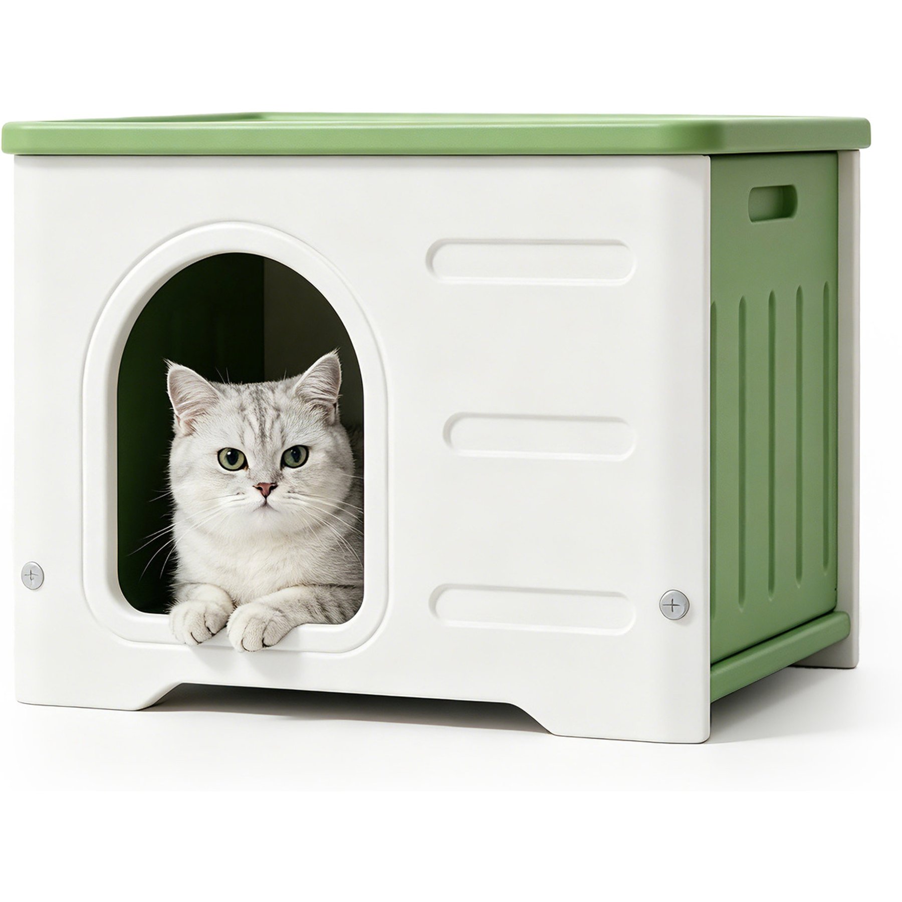 Jalove Waterproof Elevated Stackable Feral Plastic Outdoor Cat House with Arched Entrance, Green, 21-X-17-in