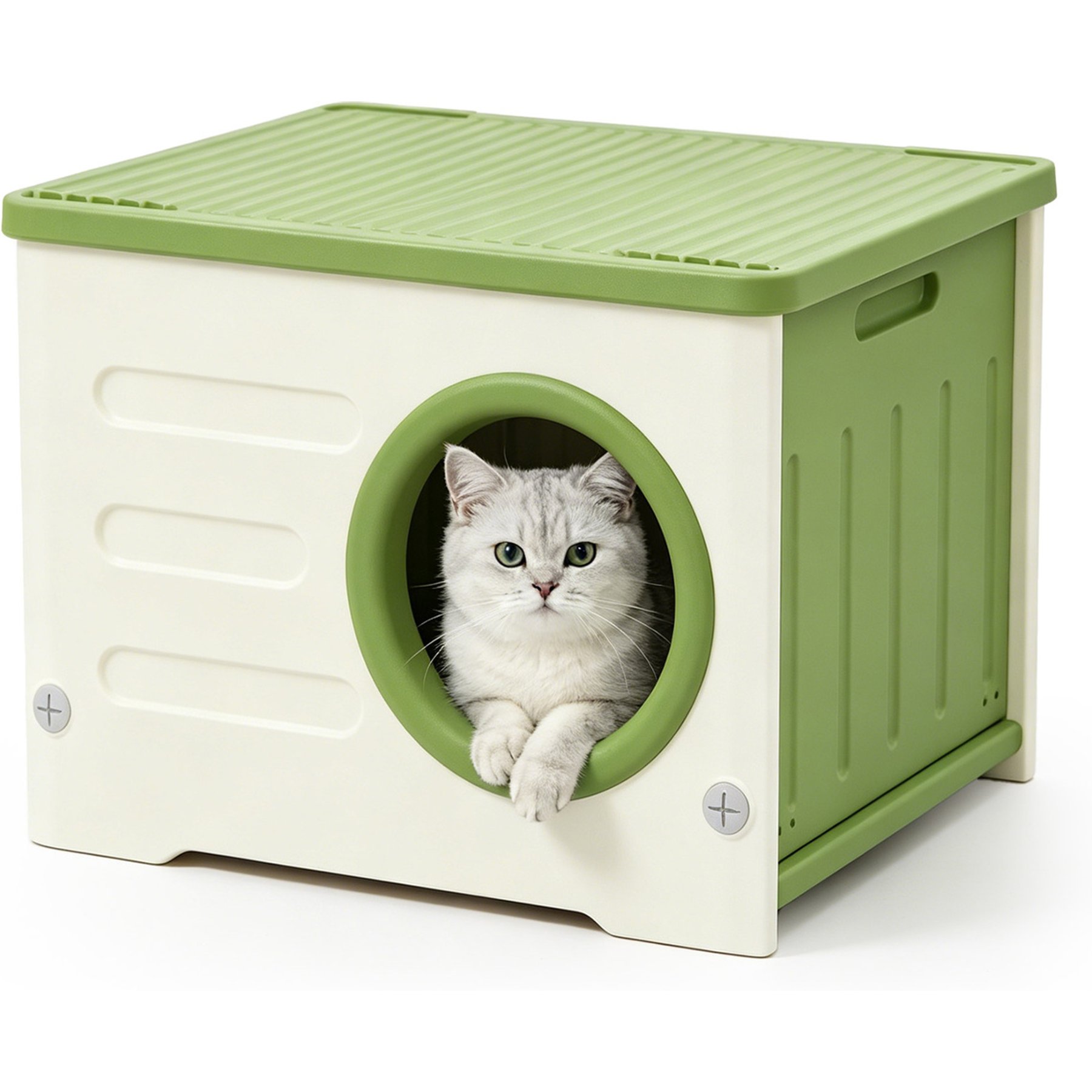 Jalove Waterproof Elevated Stackable Feral Plastic Outdoor Cat House with Round Entrance, Green, 21-X-16-in