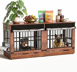 jansno Thick Wooden Double Furniture Swivel Bowl Divider Included Dog Crate, Rustic Brown, X-Large: 78-in