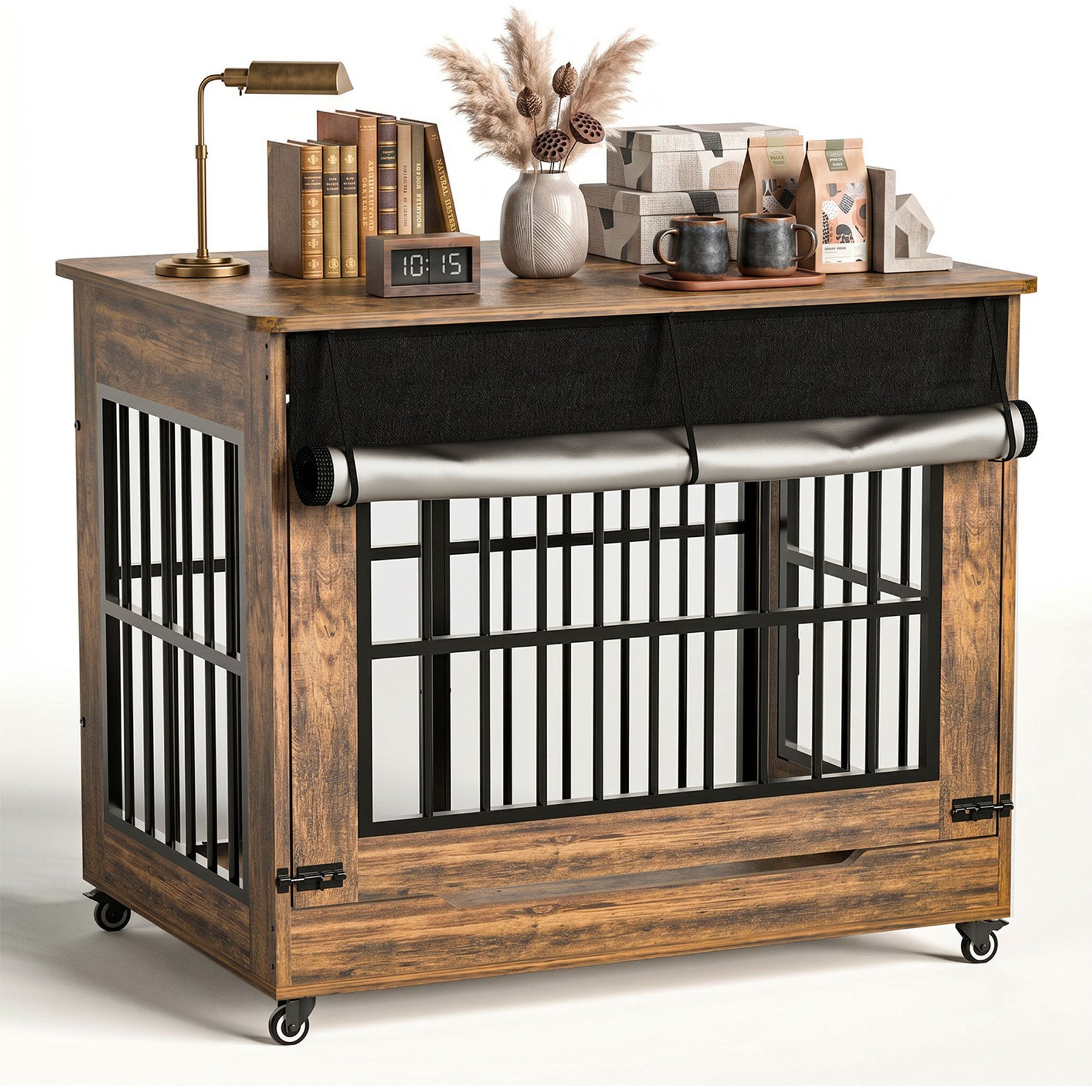 jansno Wooden Furniture Cage End Table Wheel Double Door Dog Crate, Brown, X-Large: 42-in
