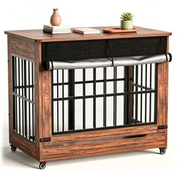 jansno Wooden Furniture Cage End Table Wheel Double Door Dog Crate, Rustic Brown, XX-Large: 46-in