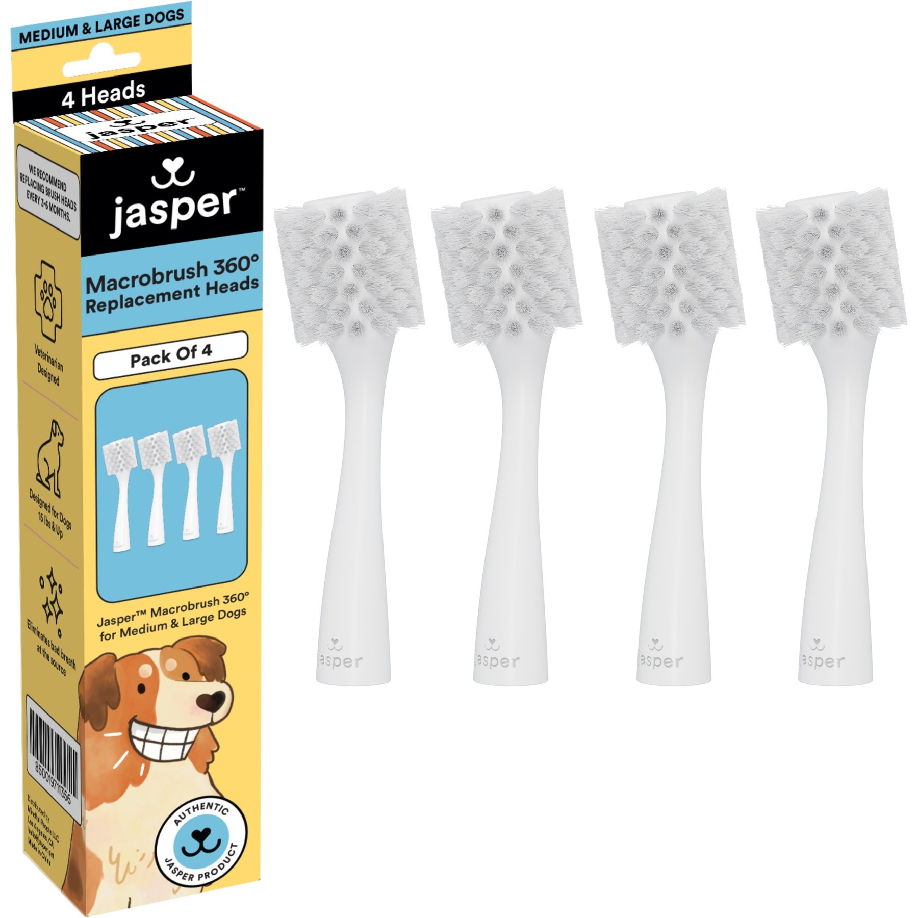 Jasper Macrobrush 360 Medium & Large Dog Toothbrush Replacement Heads, 4 count