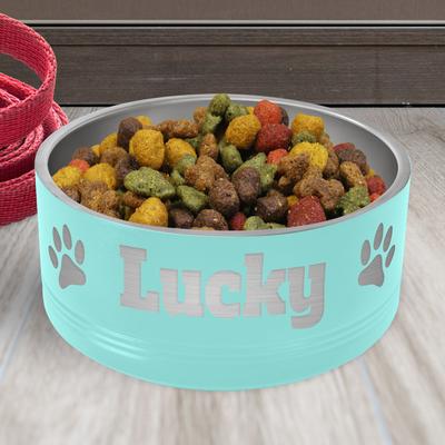 Show full view: JDS Paw Stainless Steel Personalized Dog Bowl, Teal, 8-cup slide 2 of 3
