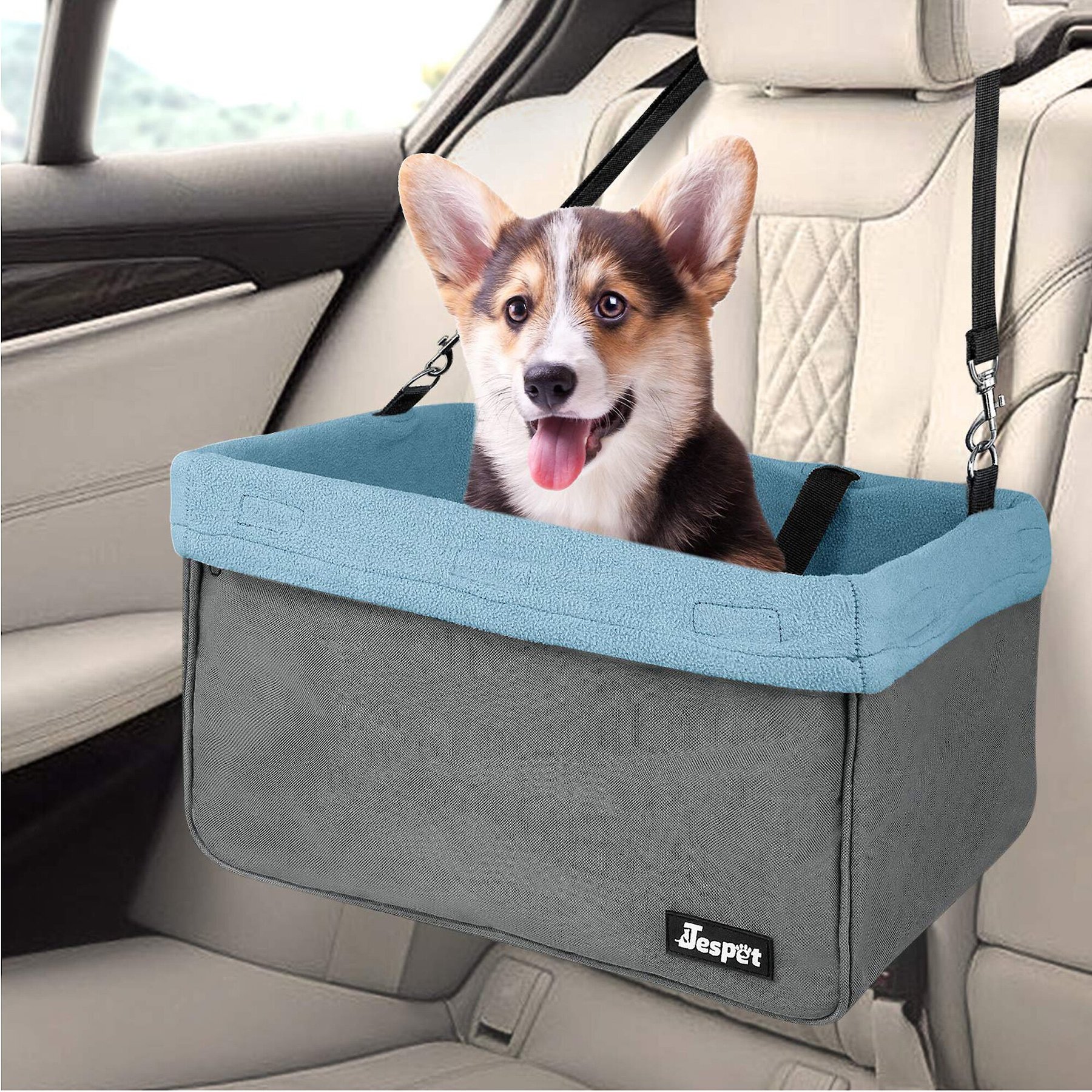 Jaoul Dog Car Booster Seat For Small Dogs & Cats - Center Console Mount, Adjustable Straps, Pink Bow Design