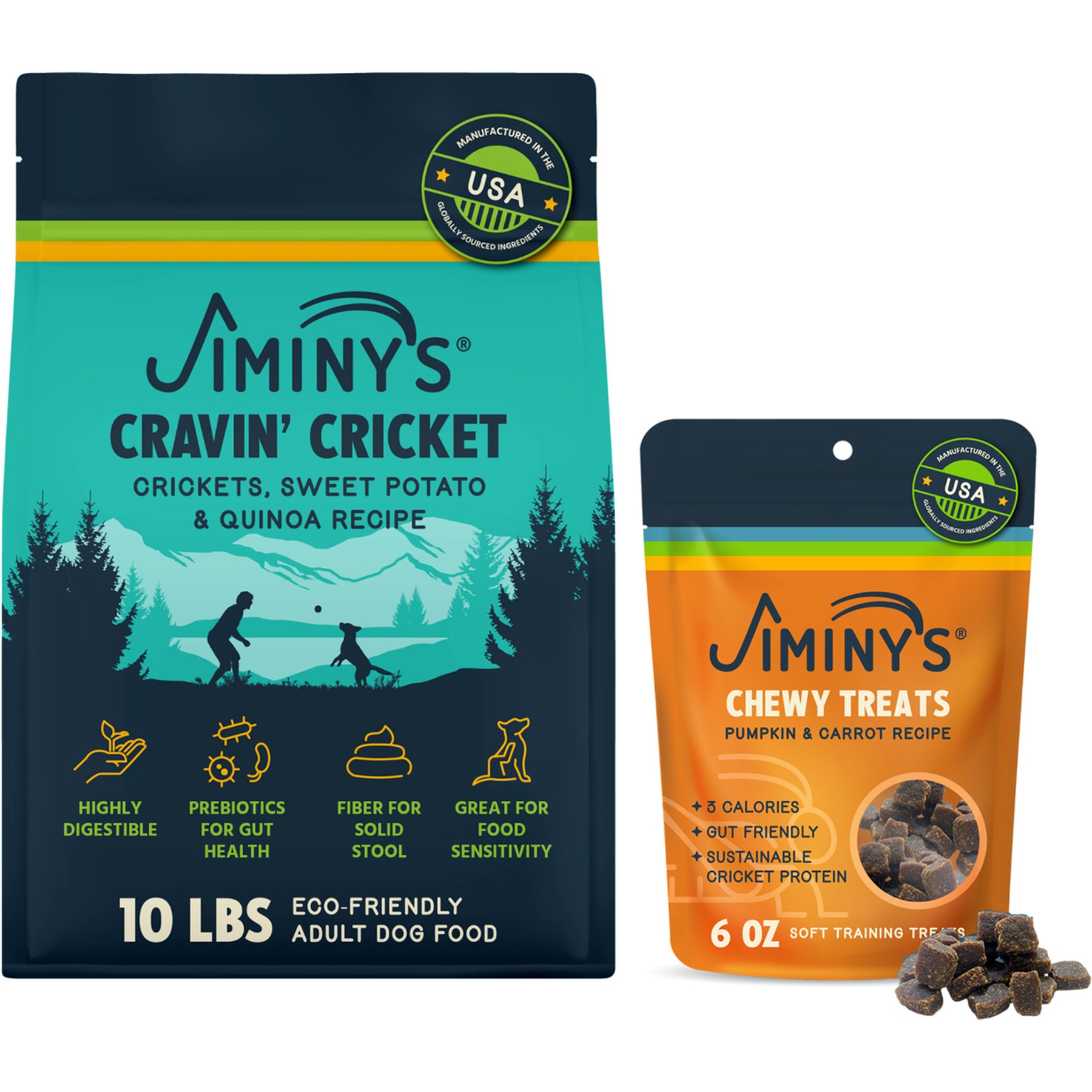 Jiminy's Dog Favorites Bundle: Cravin' Cricket Sensitive Stomach Dry Food, 10-lb bag + Cricket Cookie Pumpkin & Carrot Recipe Chicken-Free Soft Training Treats, 6-oz bag