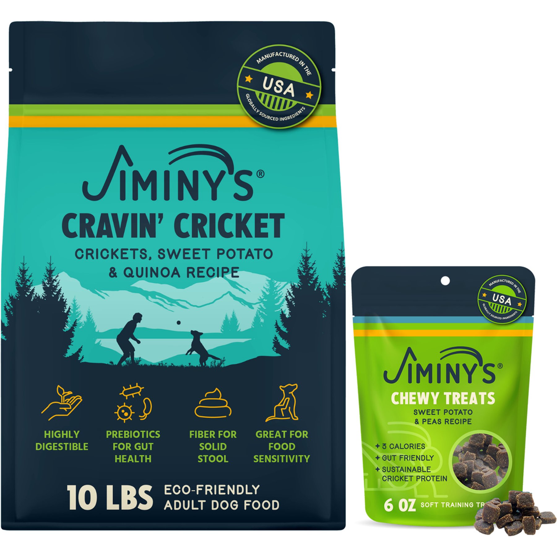 Jiminy's Dog Favorites Bundle: Cravin' Cricket Sensitive Stomach Dry Food, 10-lb bag + Cricket Peas & Sweet Potato Recipe Chicken-Free Treats, 6-oz bag