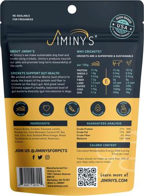 Show full view: Jiminy's Grain-Free Cricket Cookie Peanut Butter & Blueberry Recipe Dog Treats, 5-oz bag, 3 count slide 4 of 5