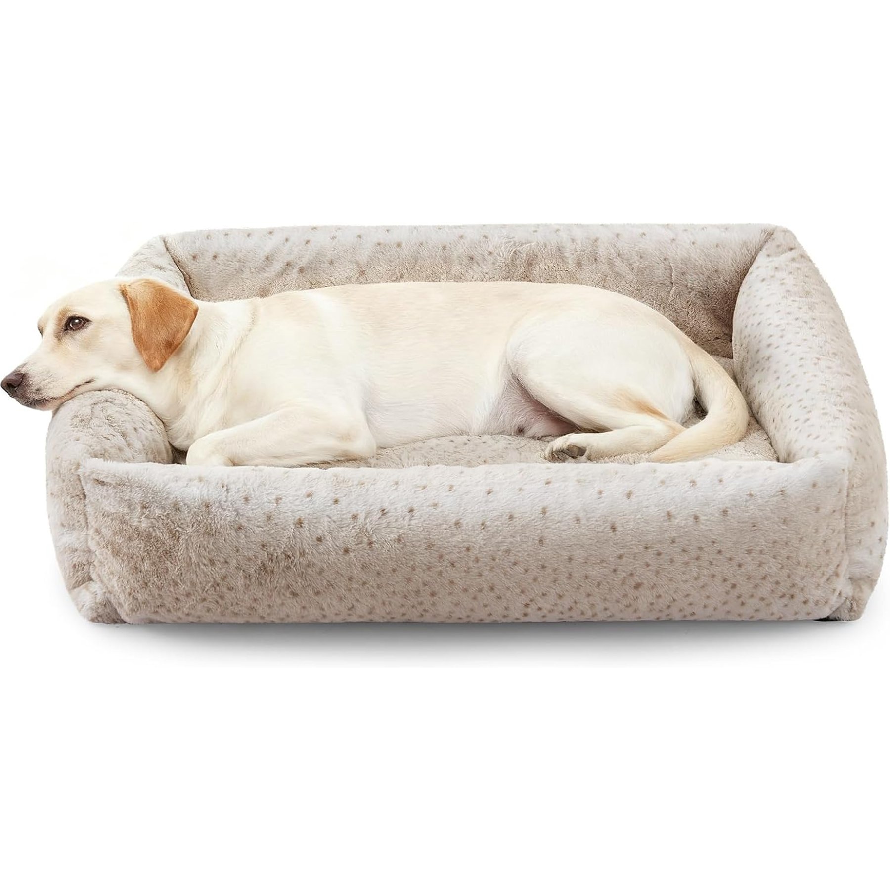 JOEJOY Rabbit Fur Leopard Print Dog & Cat Bed with Anti-Slip Bottom & Removable Cover, Beige, X-Large