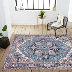 JONATHAN Y Cirali Ornate Large Medallion Machine-Washable Runner Dog & Cat Rug, Blue/Beige, 8 x 10-ft slide 2 of 9