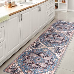 JONATHAN Y Cirali Ornate Large Medallion Machine-Washable Runner Dog & Cat Rug, Blue/Beige, 2 x 8-ft