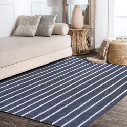 JONATHAN Y Rand Distressed Ticking Stripe Machine-Washable Runner Dog & Cat Rug, Navy/Gray, 8 x 10-ft slide 2 of 9
