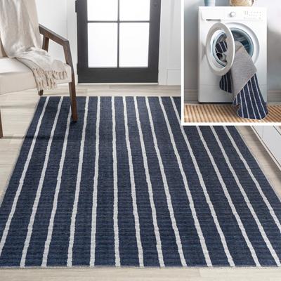 Show full view: JONATHAN Y Rand Distressed Ticking Stripe Machine-Washable Runner Dog & Cat Rug, Navy/Gray, 8 x 10-ft slide 2 of 9