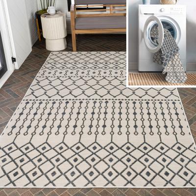 Show full view: JONATHAN Y Zana Modern Geometric Moroccan Reversible Machine-Washable Indoor/Outdoor Runner Dog & Cat Rug, Navy/Cream, 5 x 8-ft slide 2 of 9